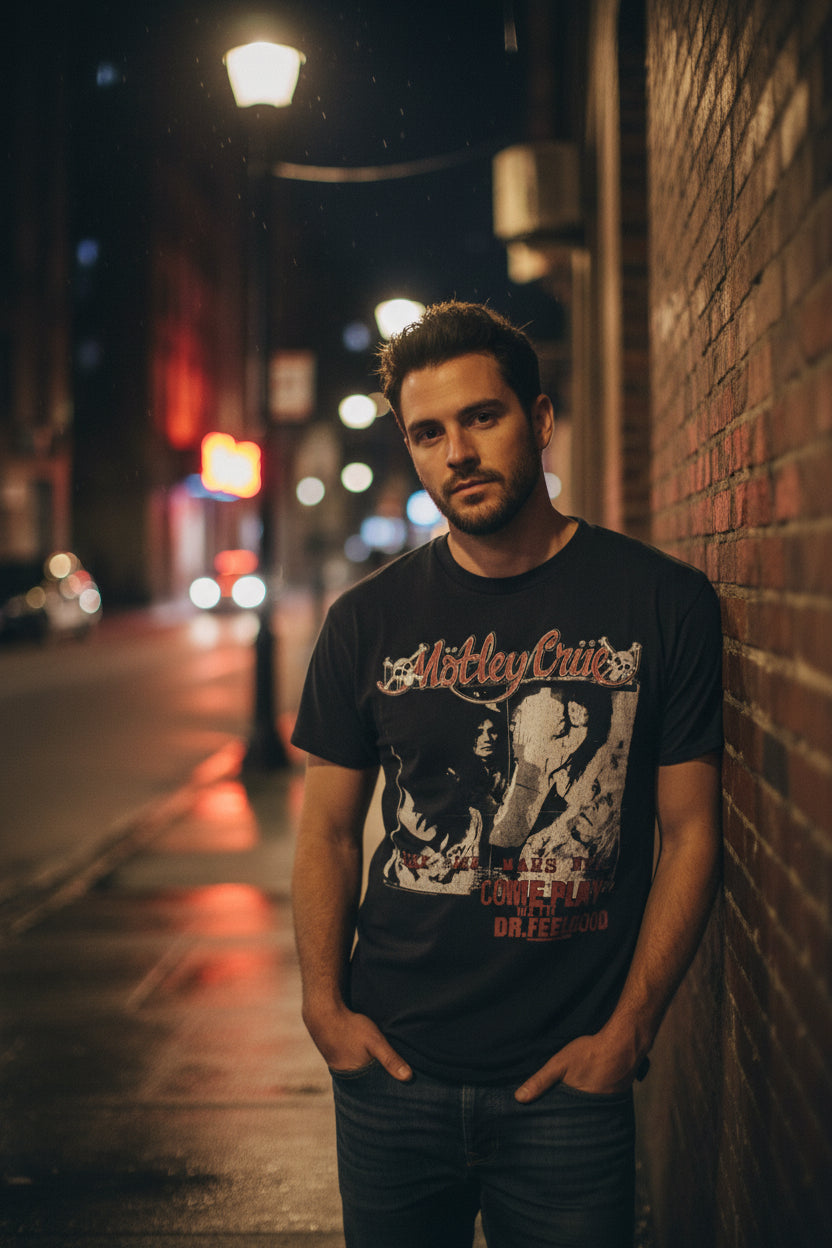 MAN WEARING MOTLEY CRUE TEE MCRU595S, MCRU595M, MCRU595L, MCRU595XL, MCRU595XXL