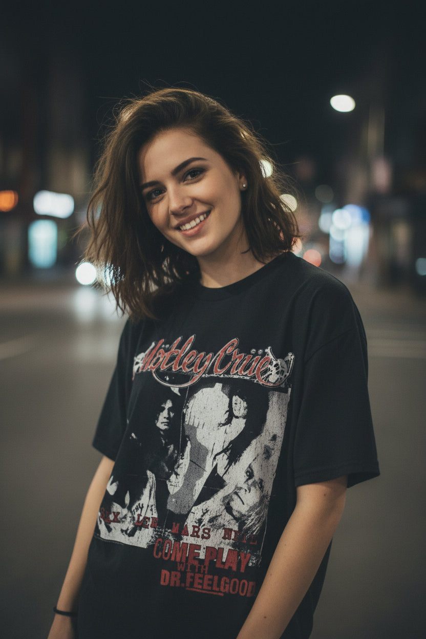 WOMAN WEARING MOTLEY CRUE TEE MCRU595S, MCRU595M, MCRU595L, MCRU595XL, MCRU595XXL