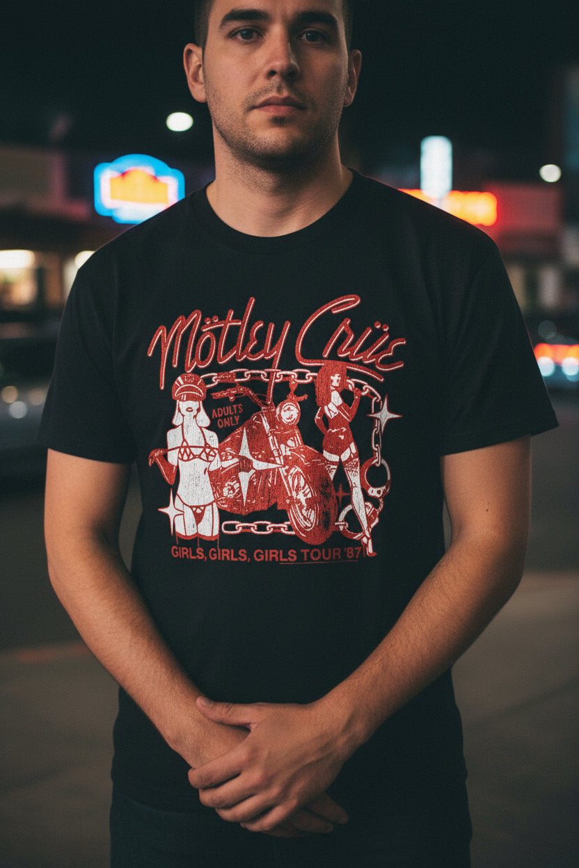 MAN WEARING MOTLEY CRUE GIRLS GIRLS GIRLS SHIRT MCRU596S, MCRU596M, MCRU596L, MCRU596XL, MCRU596XXL, MCRU596XXXL, MCRU596XXXXL, MCRU596XXXXXL