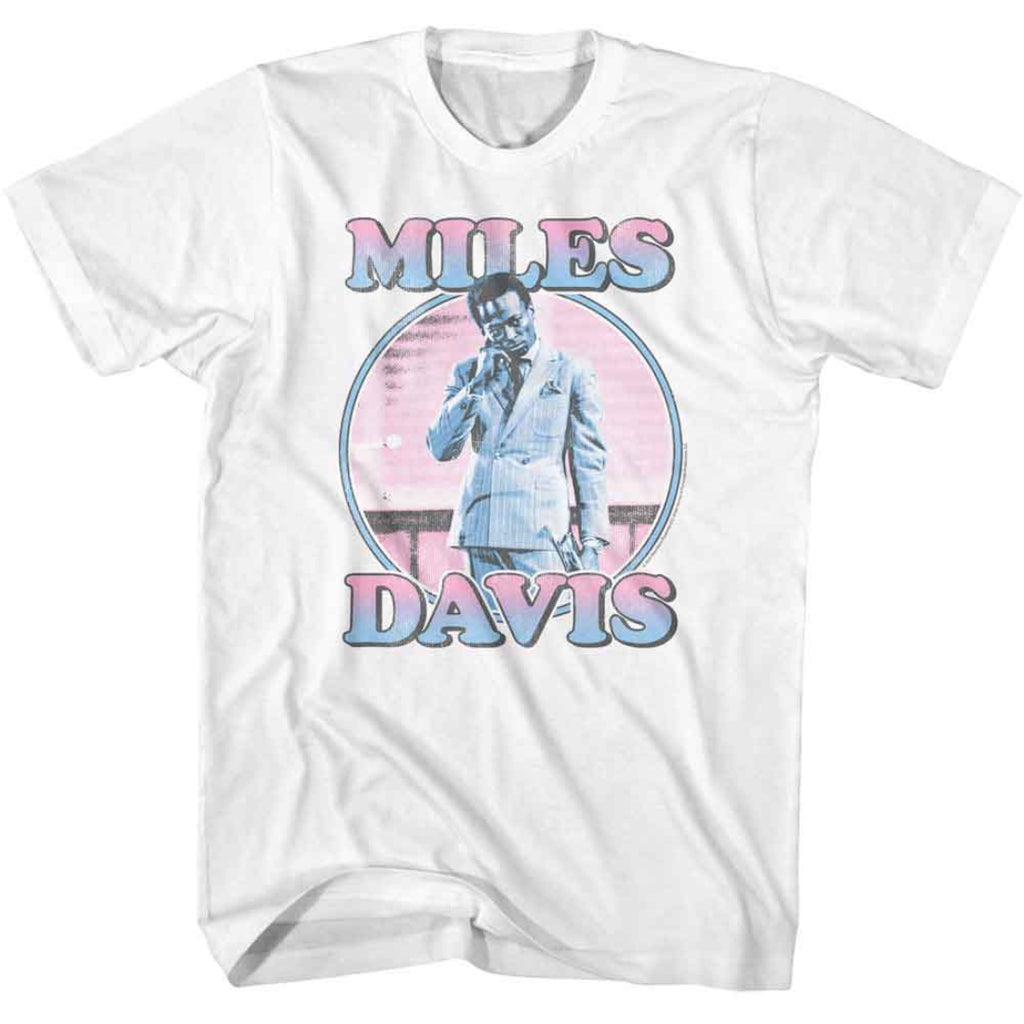 White t-shirt with Miles Davis graphic design on a white background