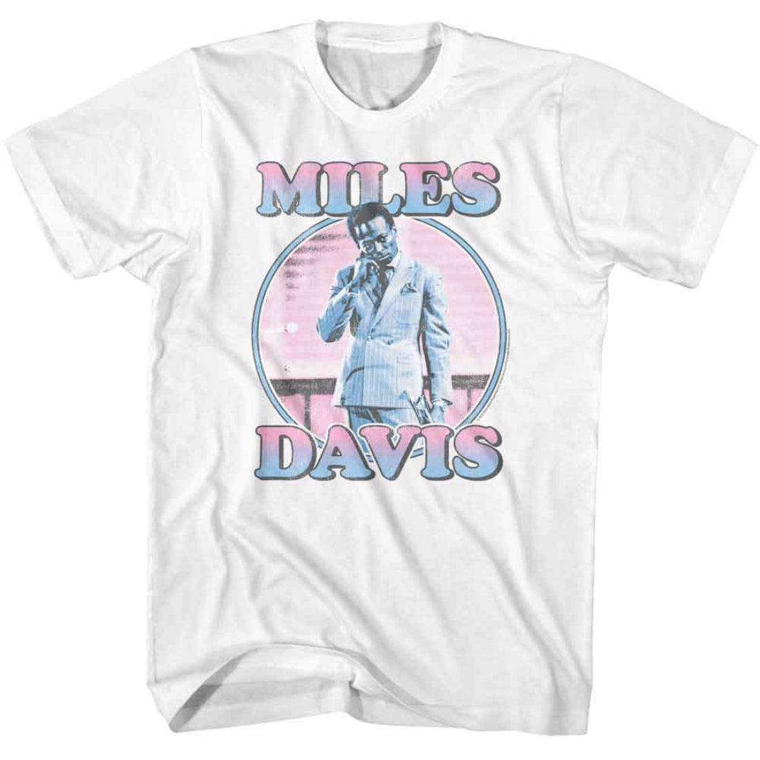 White t-shirt with Miles Davis graphic design on a white background