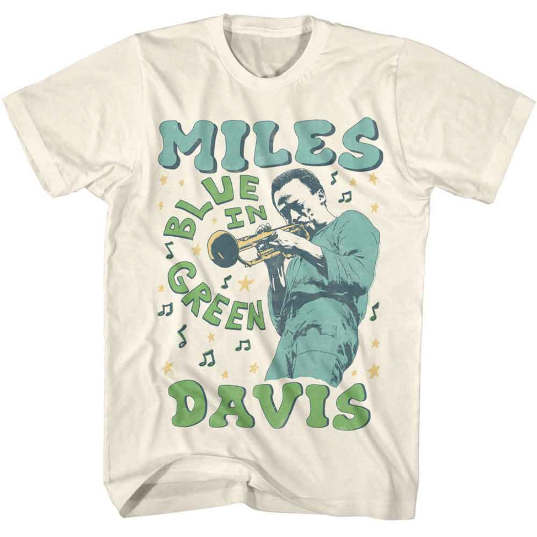T-shirt with Miles Davis graphic and text 'Miles Blue in Green Davis' on a white background
