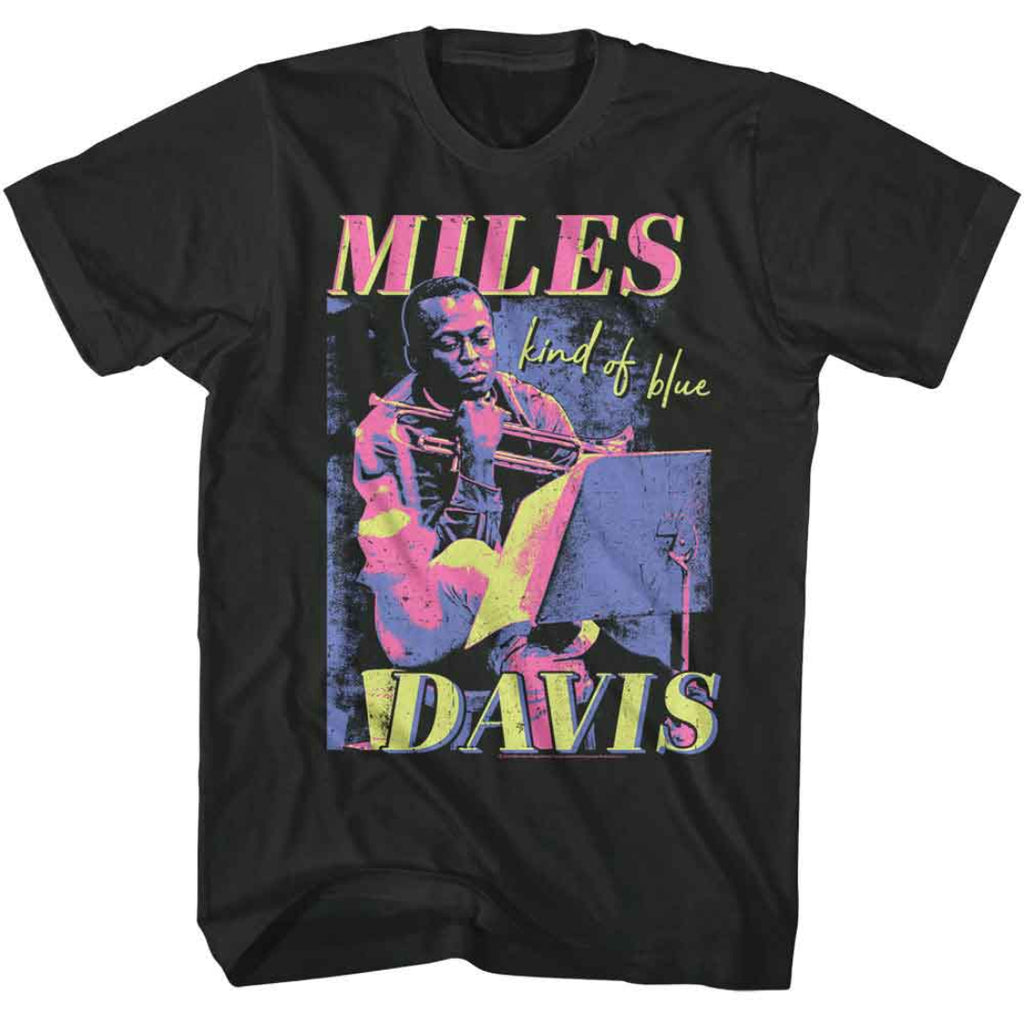 Black t-shirt with Miles Davis graphic design on a white background
