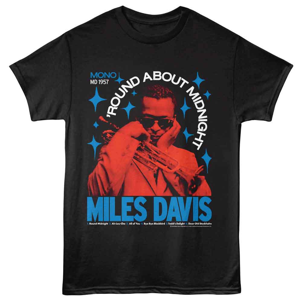 Black t-shirt with Miles Davis graphic design on a white background