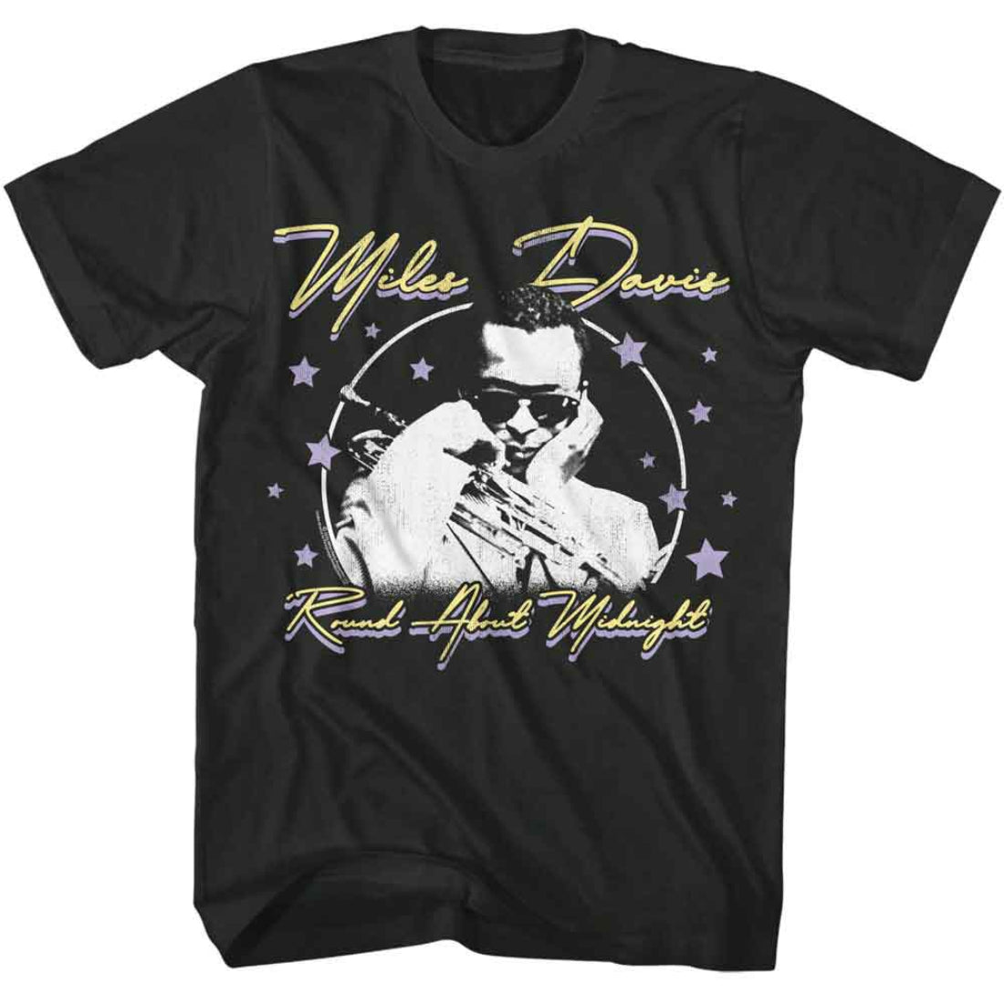 Black t-shirt with Miles Davis graphic design on a white background