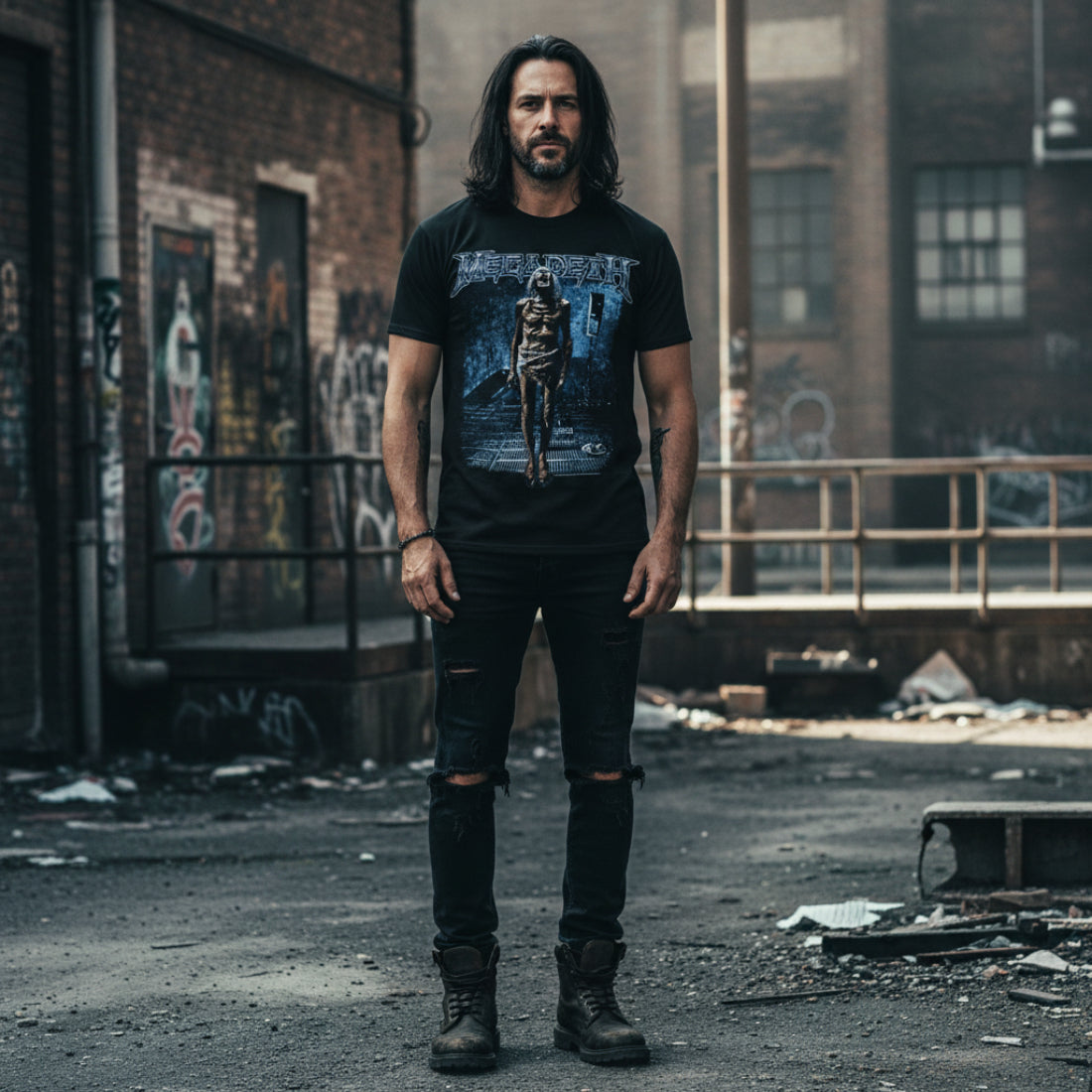 MAN WEARING Black t-shirt with Megadeth graphic design MGD501S, MGD501M, MGD501L, MGD501XL, MGD501XXL, MGD501XXXL, MGD501XXXXL, MGD501XXXXXL