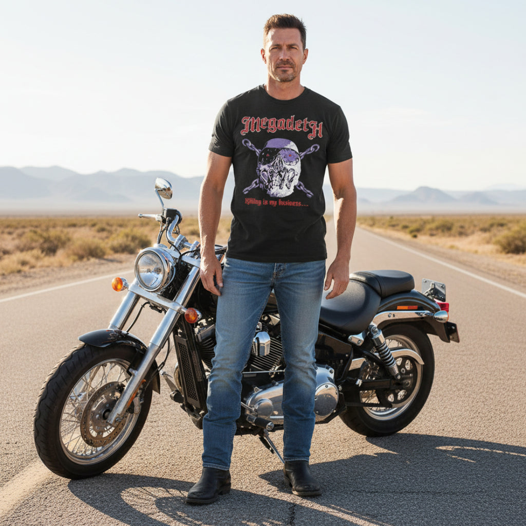 MAN WEARING Black t-shirt with Megadeth graphic design featuring a skull and crossed swords MGD502S, MGD502M, MGD502L, MGD502XL, MGD502XXL