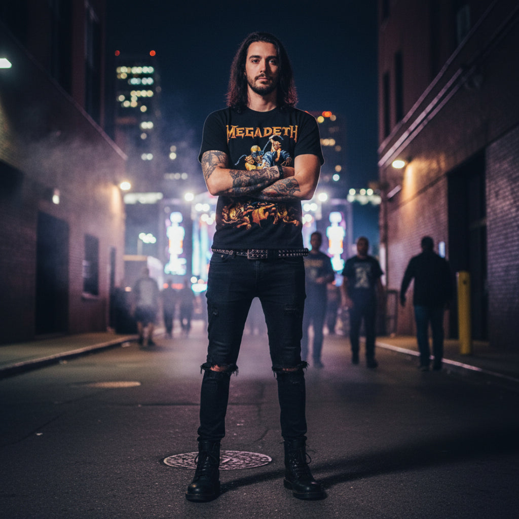 MAN WEARING Black t-shirt with Megadeth graphic design featuring a skeleton and text. MGD503S, MGD503M, MGD503L, MGD503XL, MGD503XXL, MGD503XXXL, MGD503XXXXL, MGD503XXXXXL