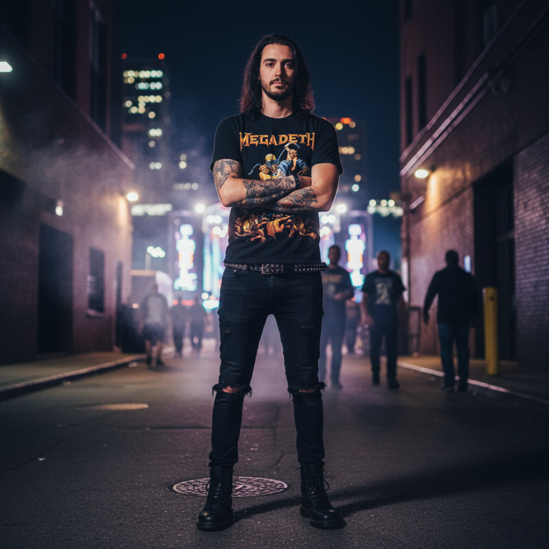 MAN WEARING Black t-shirt with Megadeth graphic design featuring a skeleton and text. MGD503S, MGD503M, MGD503L, MGD503XL, MGD503XXL, MGD503XXXL, MGD503XXXXL, MGD503XXXXXL