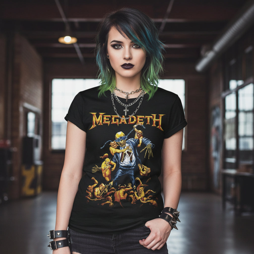 WOMAN WEARING Black t-shirt with Megadeth graphic design featuring a skeleton and text. MGD503S, MGD503M, MGD503L, MGD503XL, MGD503XXL, MGD503XXXL, MGD503XXXXL, MGD503XXXXXL