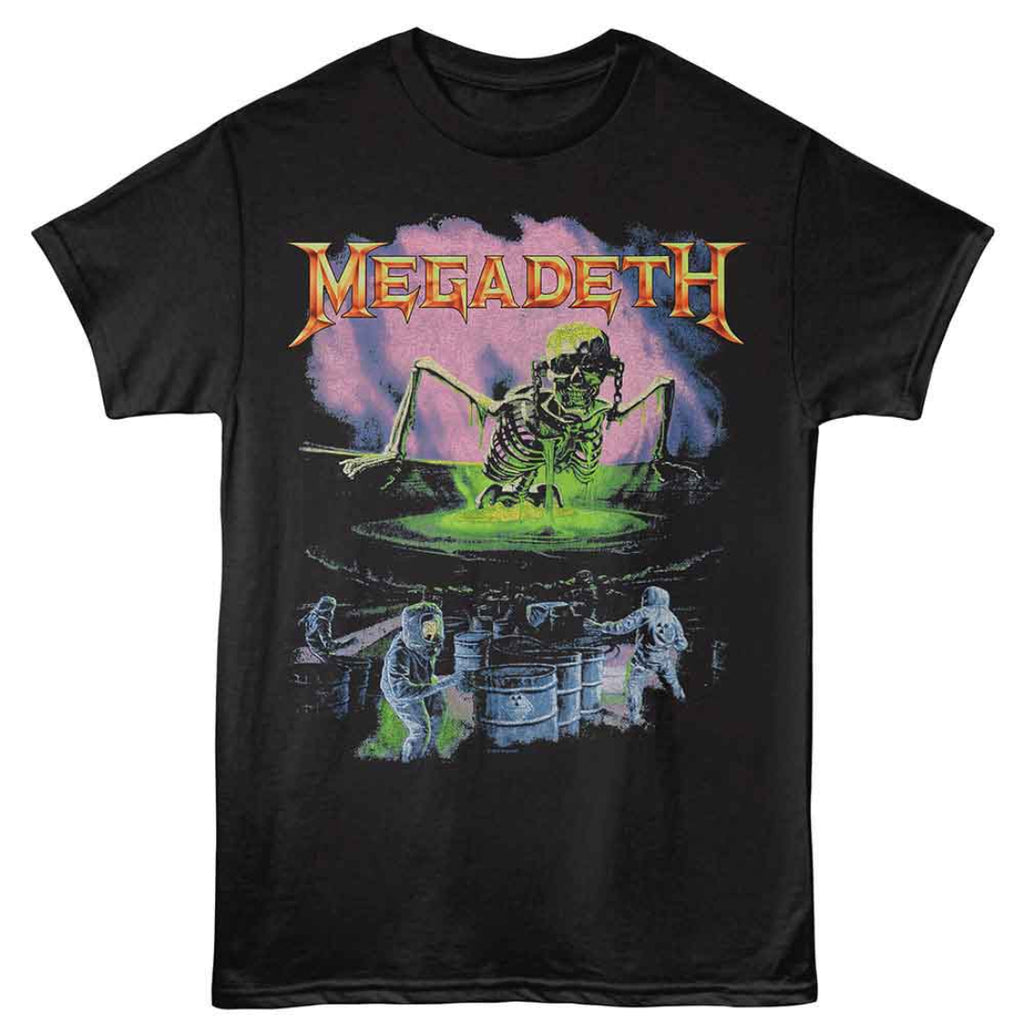 Black t-shirt with Megadeth graphic design featuring a skeleton and drum set on a white background