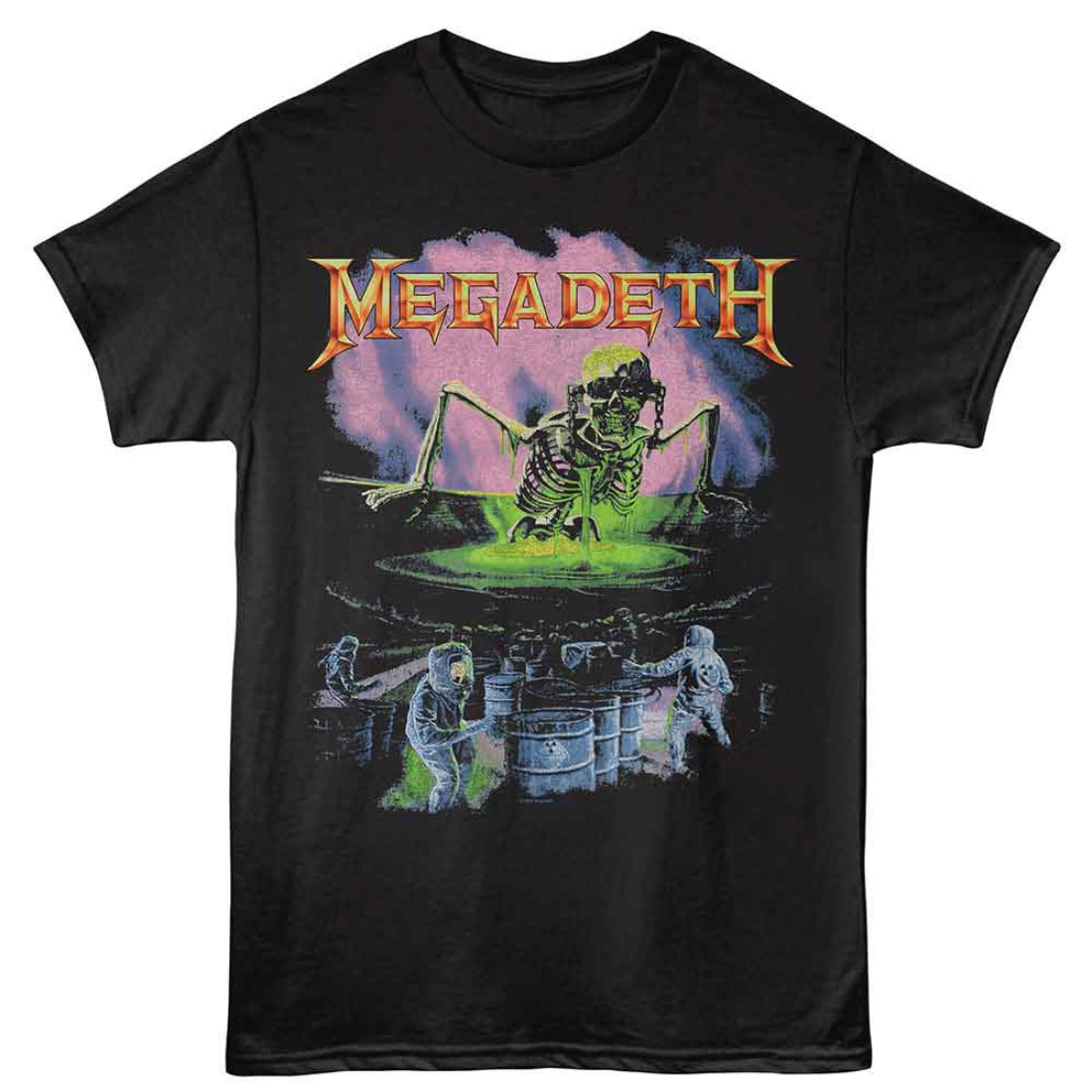 Black t-shirt with Megadeth graphic design featuring a skeleton and drum set on a white background