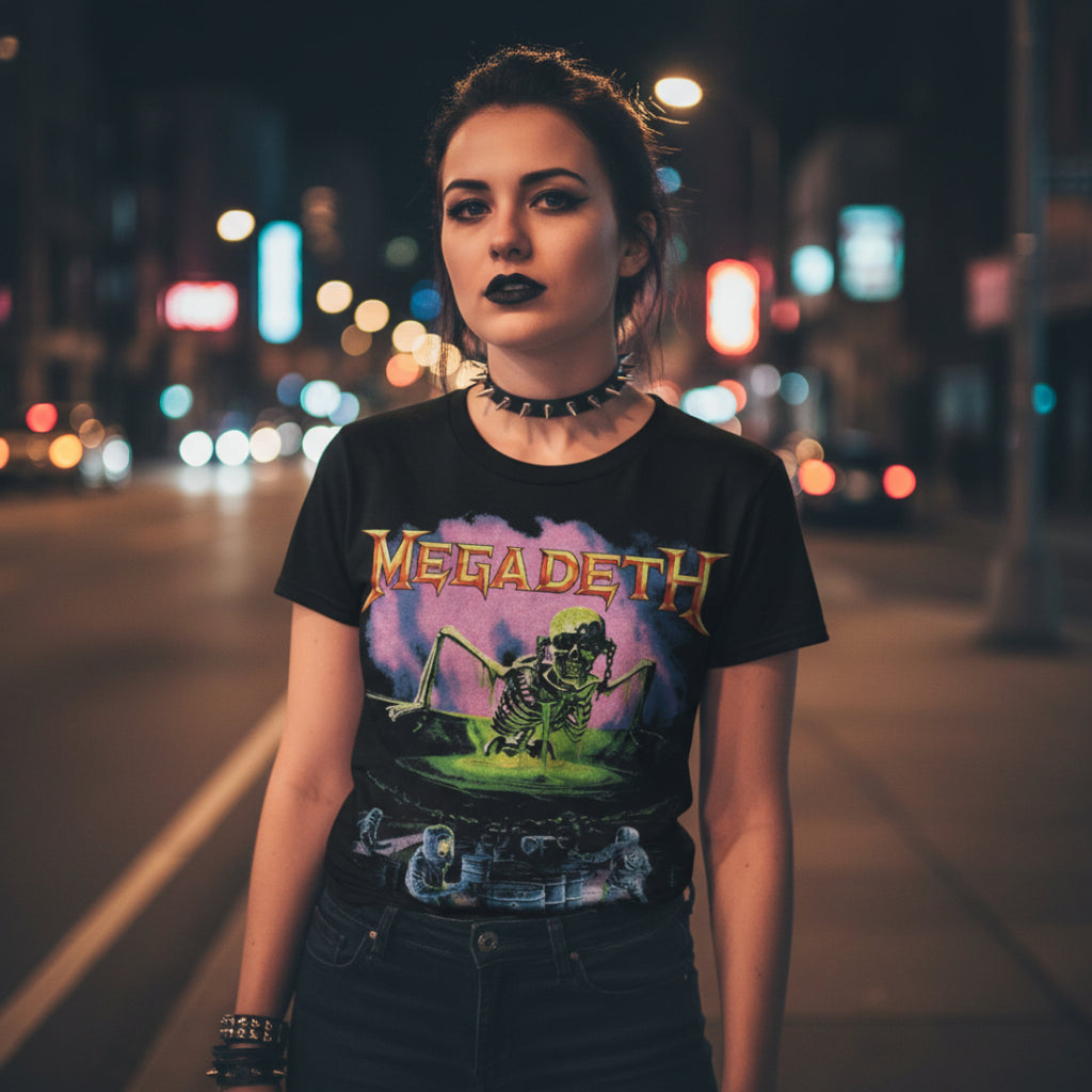 GIRL WEARING MEGADETH TEE MGD504S, MGD504M, MGD504L, MGD504XL, MGD504XXL, MGD504XXXL, MGD504XXXXL, MGD504XXXXXL