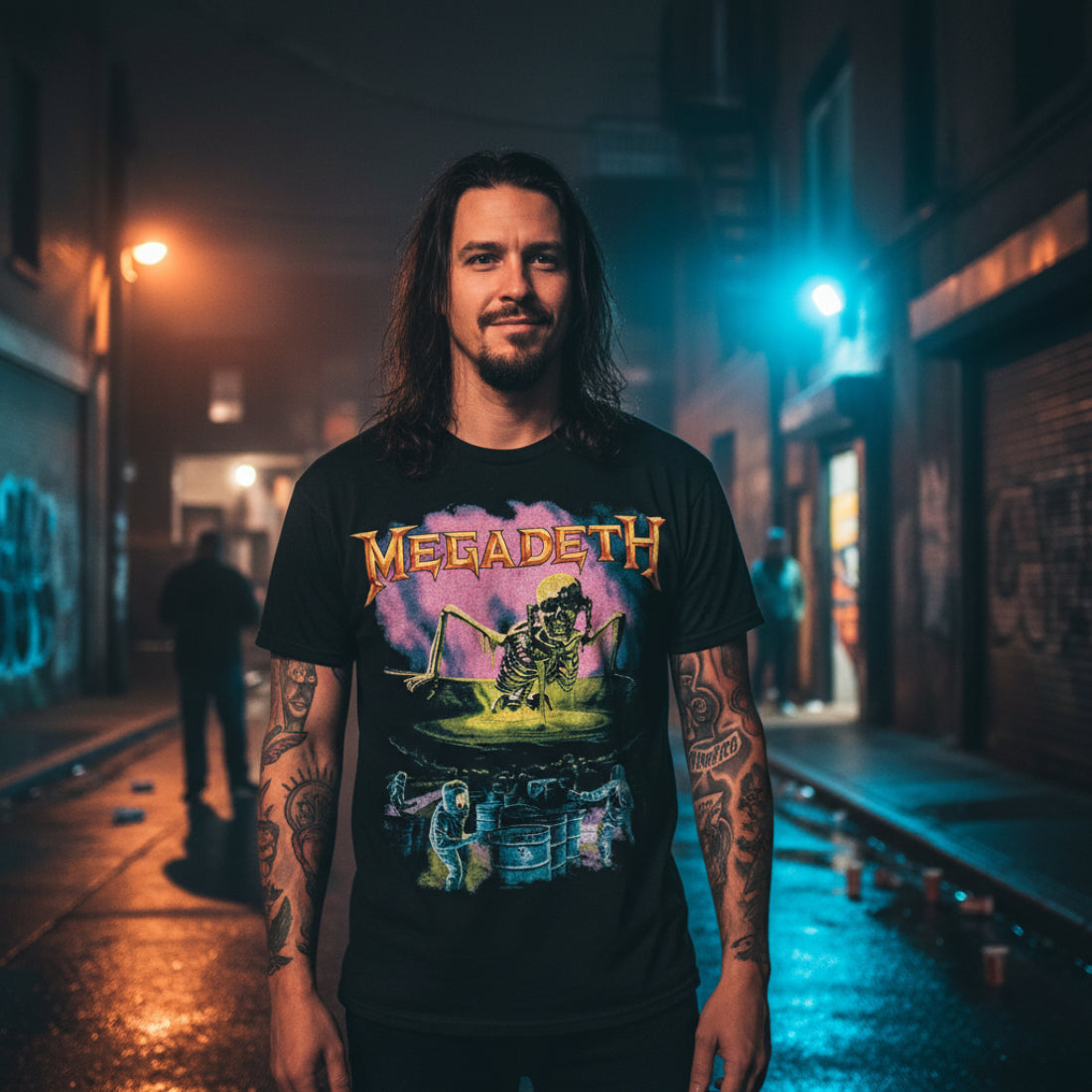 MAN WEARING Black t-shirt with Megadeth graphic design on a white background MGD504S, MGD504M, MGD504L, MGD504XL, MGD504XXL, MGD504XXXL, MGD504XXXXL, MGD504XXXXXL