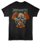 Black t-shirt with Megadeth graphic design featuring a skull and horns on a white background