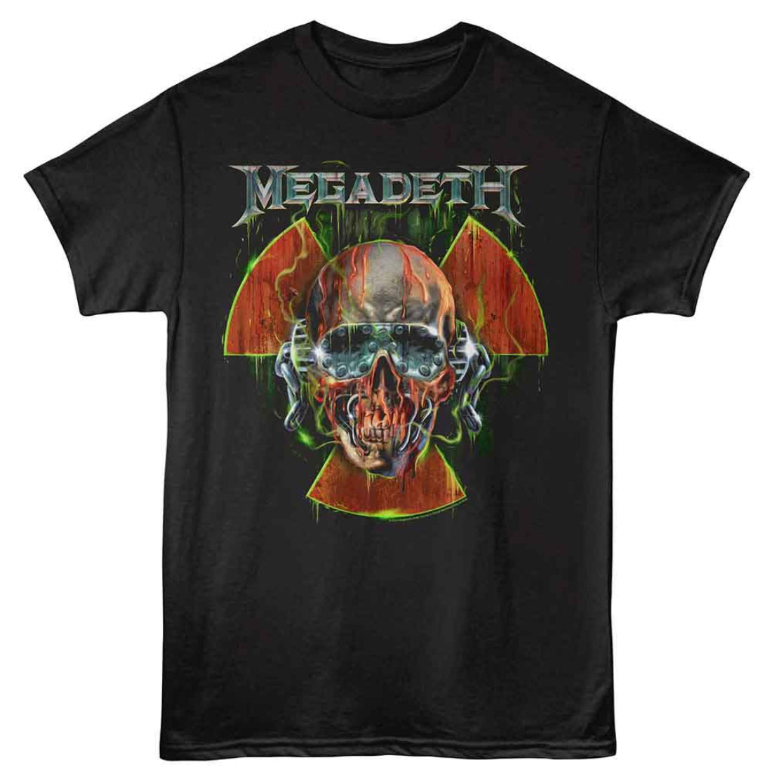 Black t-shirt with Megadeth graphic design featuring a skull and horns on a white background