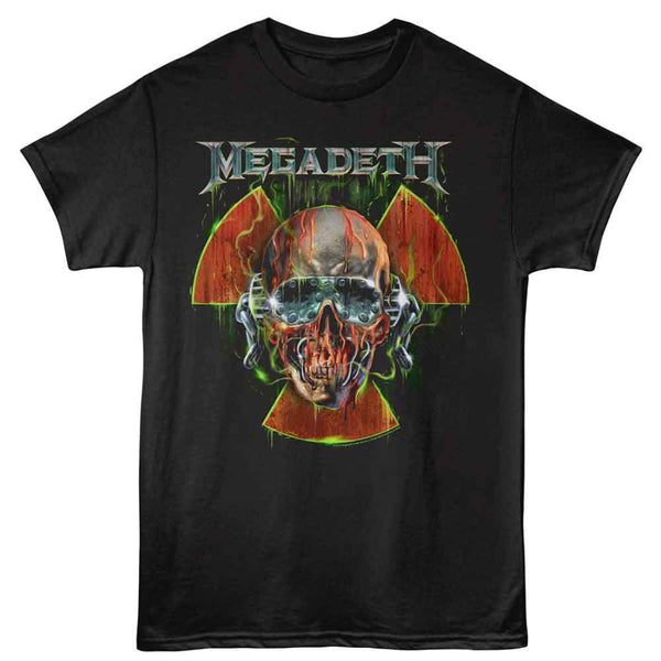 Black t-shirt with Megadeth graphic design featuring a skull and horns on a white background