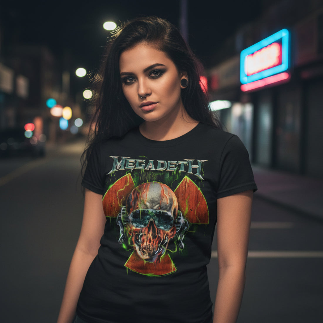 WOMAN WEARING Black t-shirt with Megadeth graphic design featuring a skull and horns MGD505S, MGD505M, MGD505L, MGD505XL, MGD505XXL, MGD505XXXL, MGD505XXXXL, MGD505XXXXXL