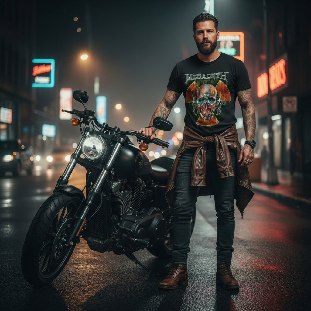 MAN WEARING Black t-shirt with Megadeth graphic design featuring a skull and horns MGD505S, MGD505M, MGD505L, MGD505XL, MGD505XXL, MGD505XXXL, MGD505XXXXL, MGD505XXXXXL