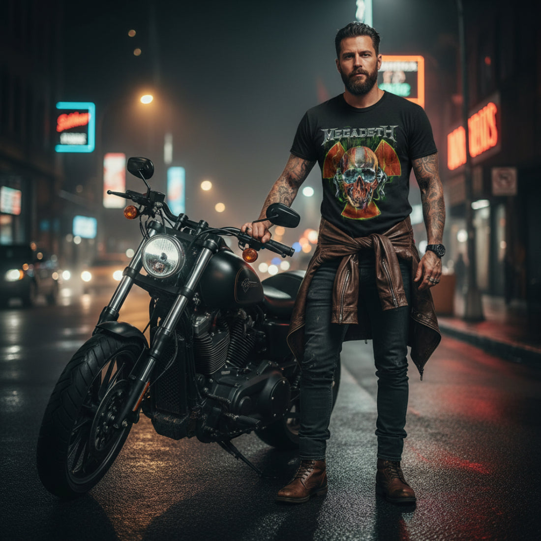 MAN WEARING Black t-shirt with Megadeth graphic design featuring a skull and horns MGD505S, MGD505M, MGD505L, MGD505XL, MGD505XXL, MGD505XXXL, MGD505XXXXL, MGD505XXXXXL