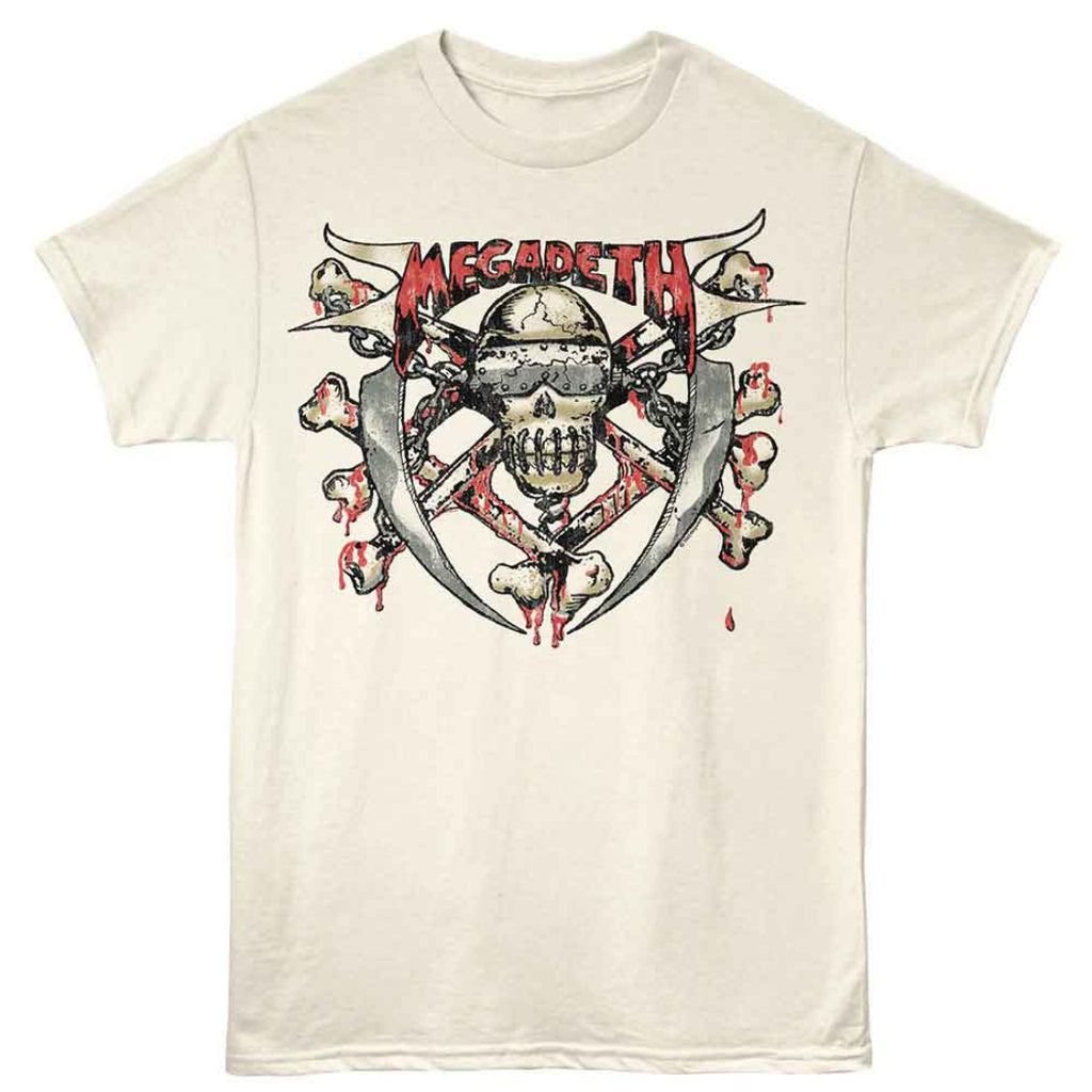 Beige t-shirt with Megadeth graphic design on a white background