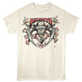 Beige t-shirt with Megadeth graphic design on a white background