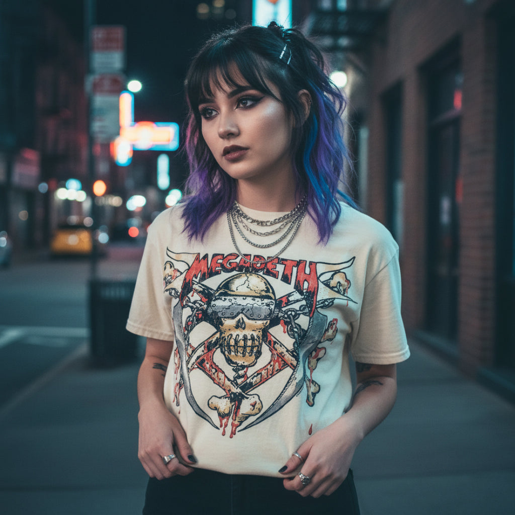 WOMAN WEARING MEGADETH TEE MGD506S, MGD506M, MGD506L, MGD506XL, MGD506XXL, MGD506XXXL, MGD506XXXXL