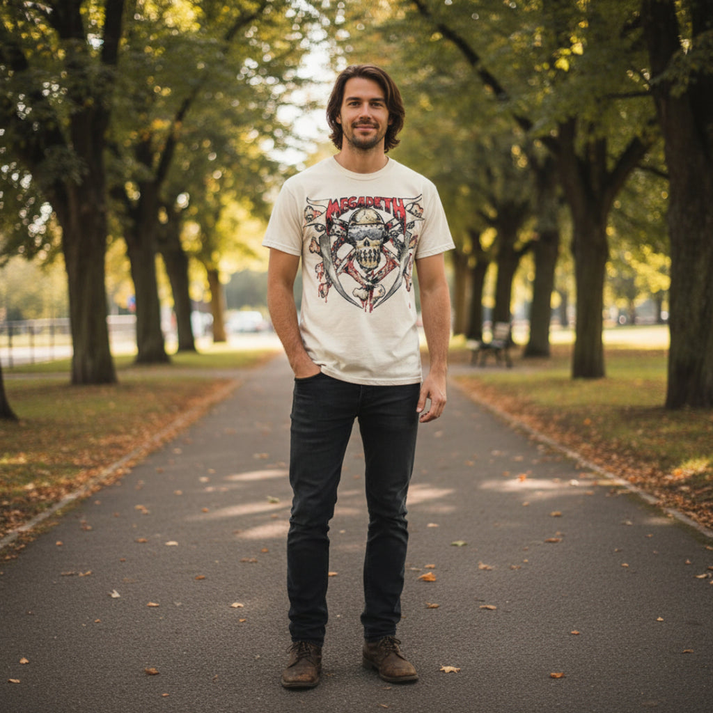MAN WEARING MEGADETH TEE MGD506S, MGD506M, MGD506L, MGD506XL, MGD506XXL, MGD506XXXL, MGD506XXXXL
