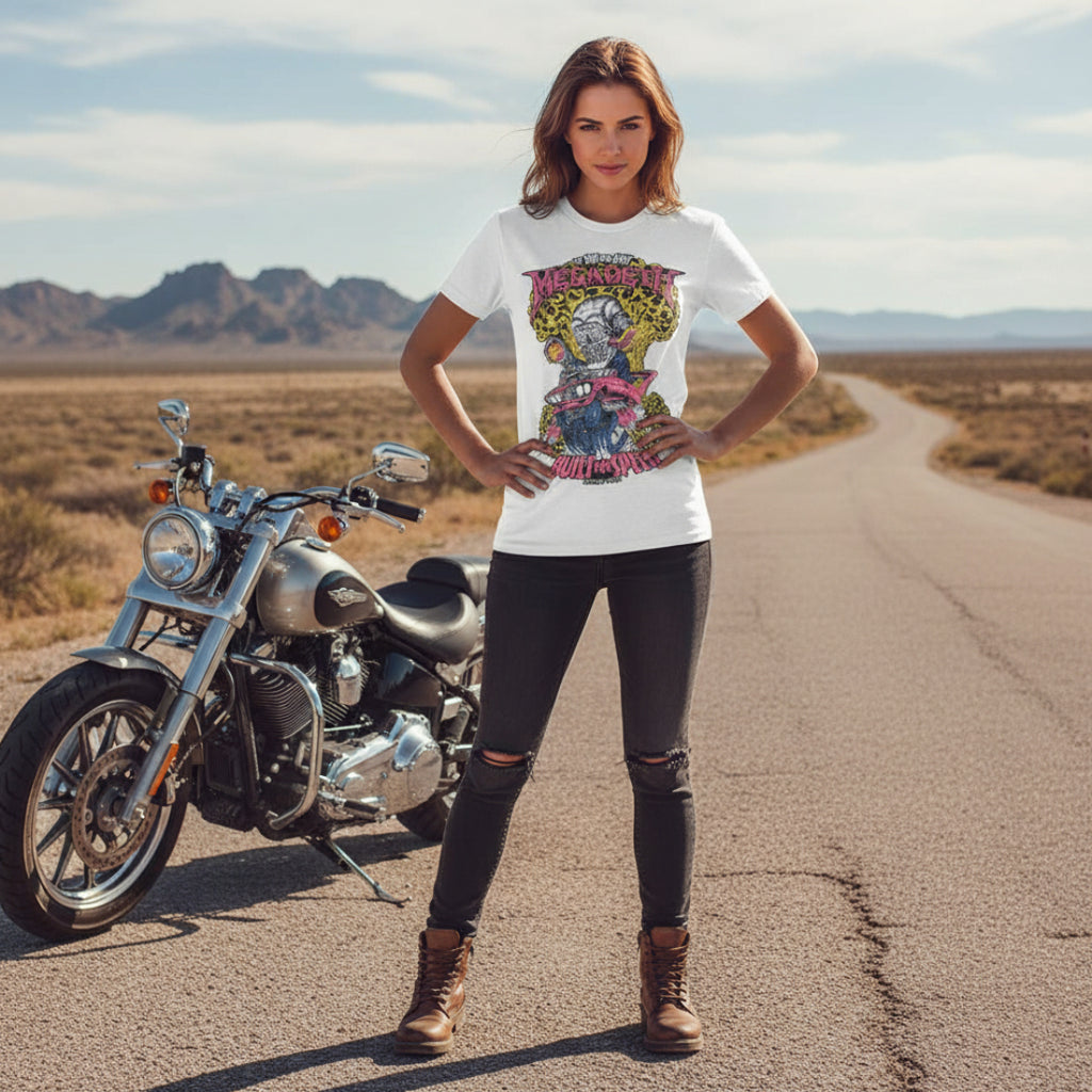 WOMAN WEARING MEGADETH BUILT FOR SPEED TEE MGD508S, MGD508M, MGD508L, MGD508XL, MGD508XXL, MGD508XXXL, MGD508XXXXL, MGD508XXXXXL