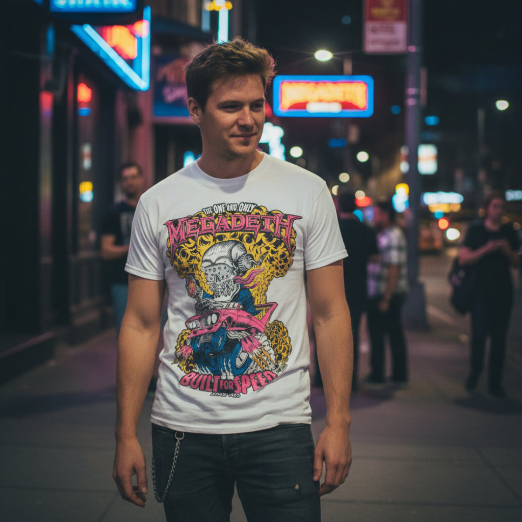 MAN WEARING White t-shirt with Megadeth graphic design featuring a skeleton on a motorcycle. MGD508S, MGD508M, MGD508L, MGD508XL, MGD508XXL, MGD508XXXL, MGD508XXXXL, MGD508XXXXXL