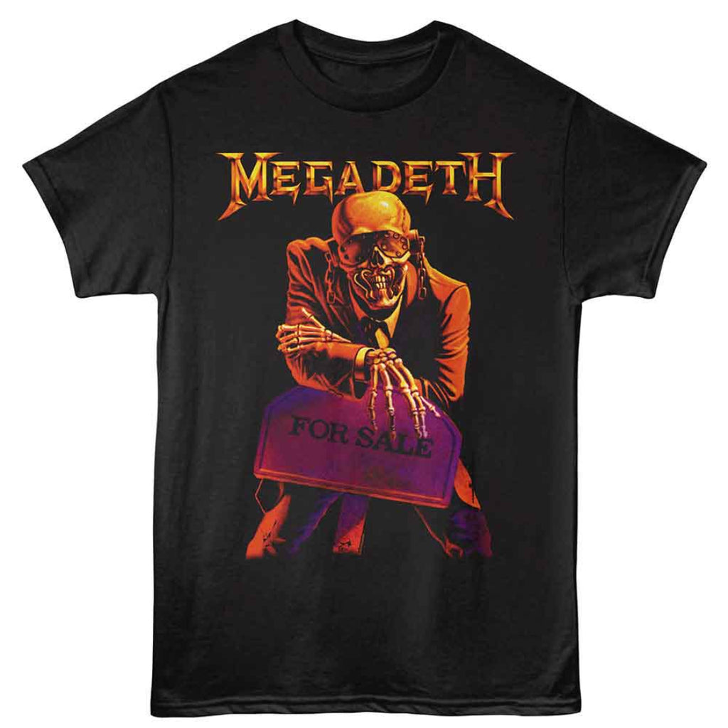 Black t-shirt with Megadeth graphic featuring a skeleton holding a for sale sign.