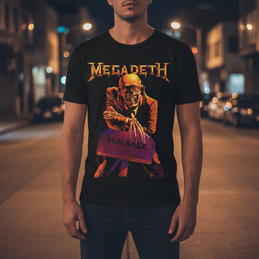 MAN WEARING Black t-shirt with Megadeth graphic featuring a skeleton holding a for sale sign. MGD509S, MGD509M, MGD509L, MGD509XL, MGD509XXL, MGD509XXXL, MGD509XXXXL, MGD509XXXXXL
