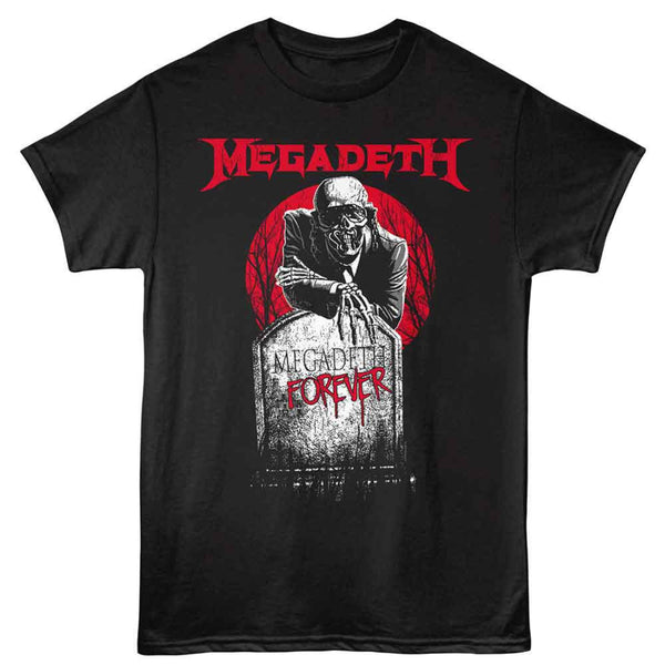 Black t-shirt with Megadeth graphic design featuring a skeleton and 'Megadeth Forever' text.