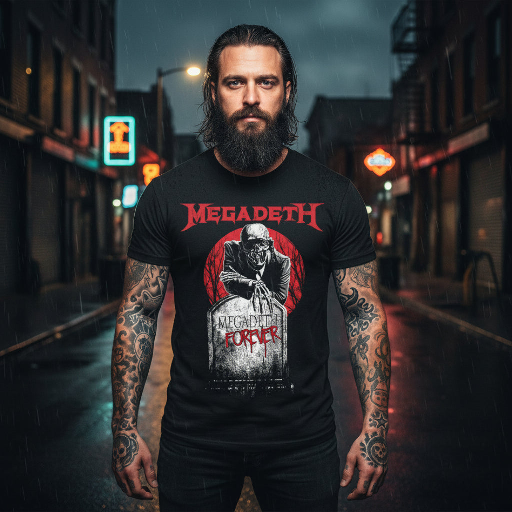Black t-shirt with Megadeth graphic design featuring a skeleton and 'Megadeth Forever' text. MGD511S, MGD511M, MGD511L, MGD511XL, MGD511XXL, MGD511XXXL, MGD511XXXXL, MGD511XXXXXL