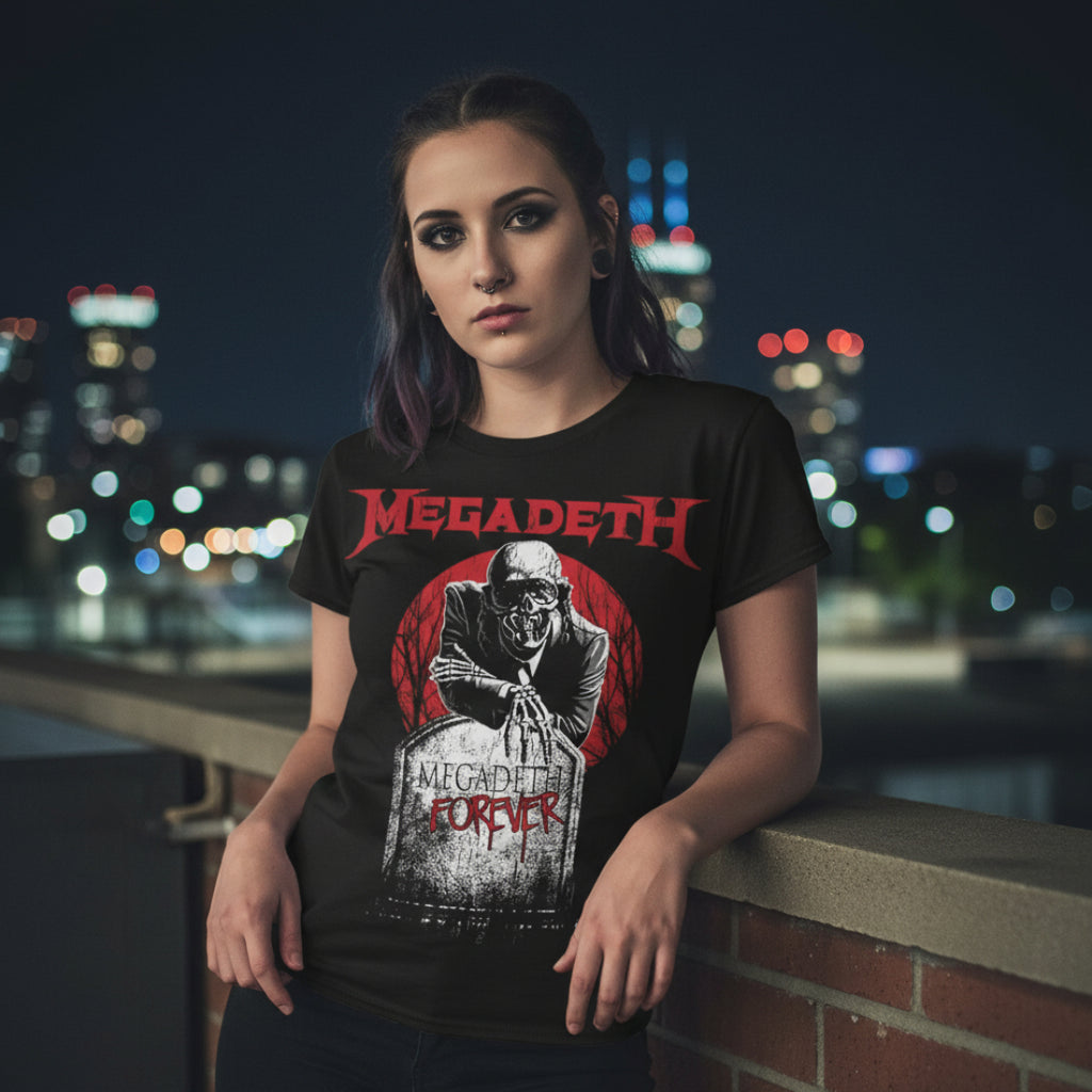 WOMAN WEARING Black t-shirt with Megadeth graphic design featuring a skeleton and 'Megadeth Forever' text. MGD511S, MGD511M, MGD511L, MGD511XL, MGD511XXL, MGD511XXXL, MGD511XXXXL, MGD511XXXXXL