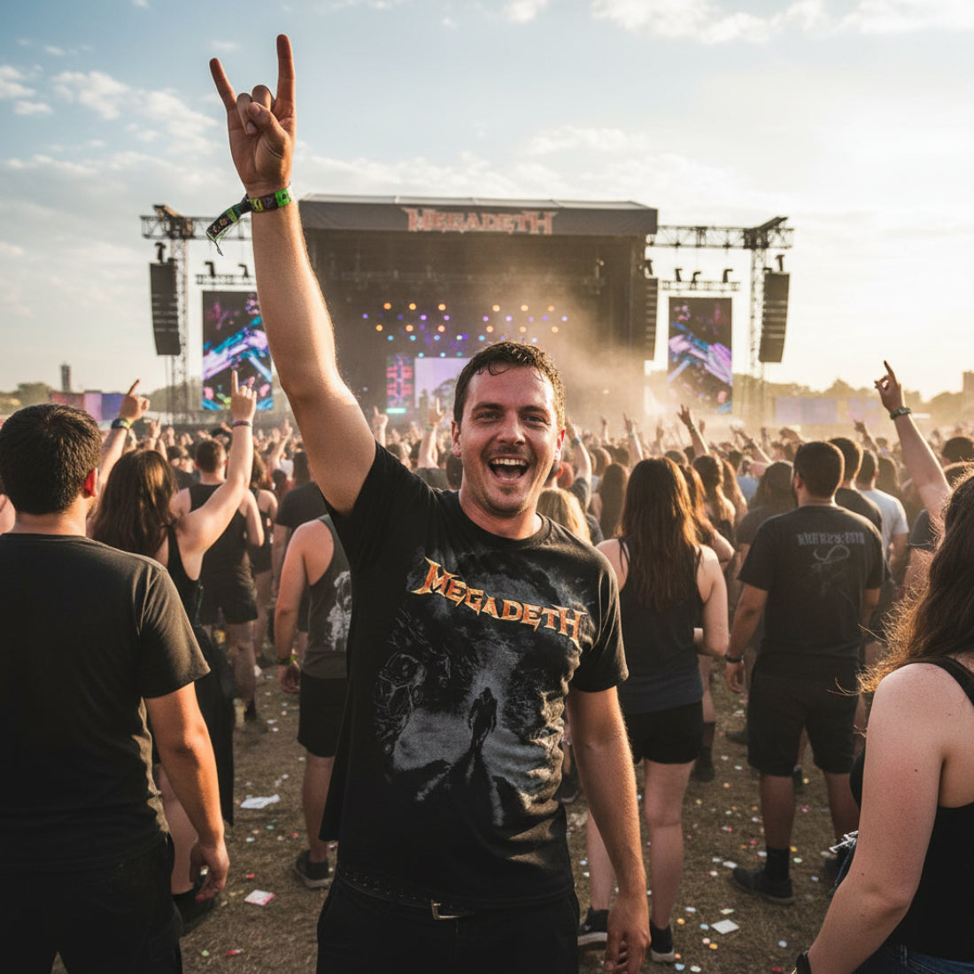 MAN WEARING Black t-shirt with Megadeth logo and graphic design MGD515S, MGD515M, MGD515L, MGD515XL, MGD515XXL, MGD515XXXL, MGD515XXXXL, MGD515XXXXXL