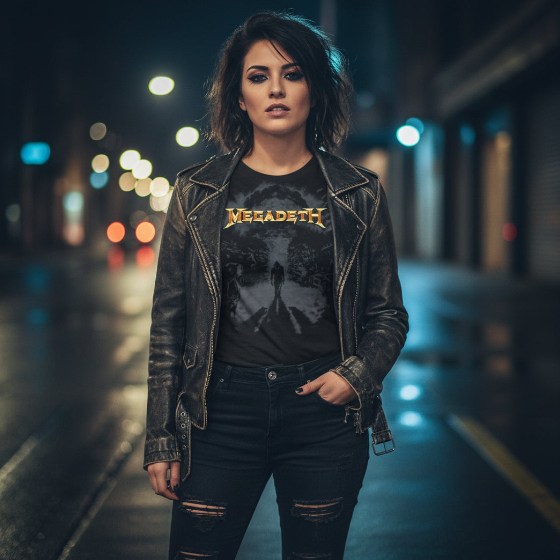 Woman wearing Black t-shirt with Megadeth logo and graphic design  MGD515S, MGD515M, MGD515L, MGD515XL, MGD515XXL, MGD515XXXL, MGD515XXXXL, MGD515XXXXXL