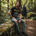 MAN WEARING Black t-shirt with Megadeth graphic design on a white background MGD516S, MGD516M, MGD516L, MGD516XL, MGD516XXL, MGD516XXXL, MGD516XXXXL, MGD516XXXXXL