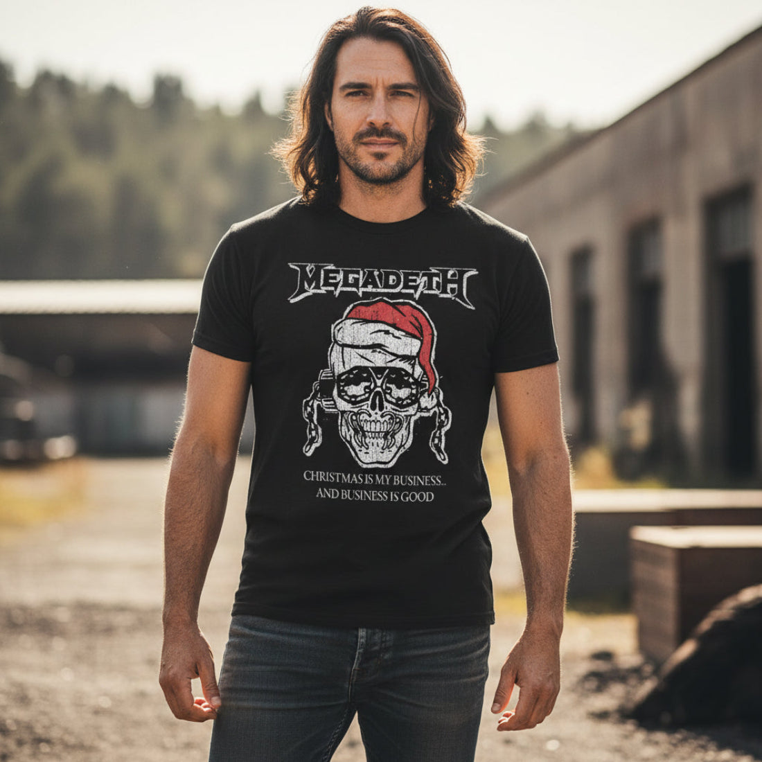 MAN WEARING Black t-shirt with Megadeth logo and skull design, featuring a Santa hat. MGD518S, MGD518M, MGD518L, MGD518XL, MGD518XXL, MGD518XXXL, MGD518XXXXL, MGD518XXXXXL