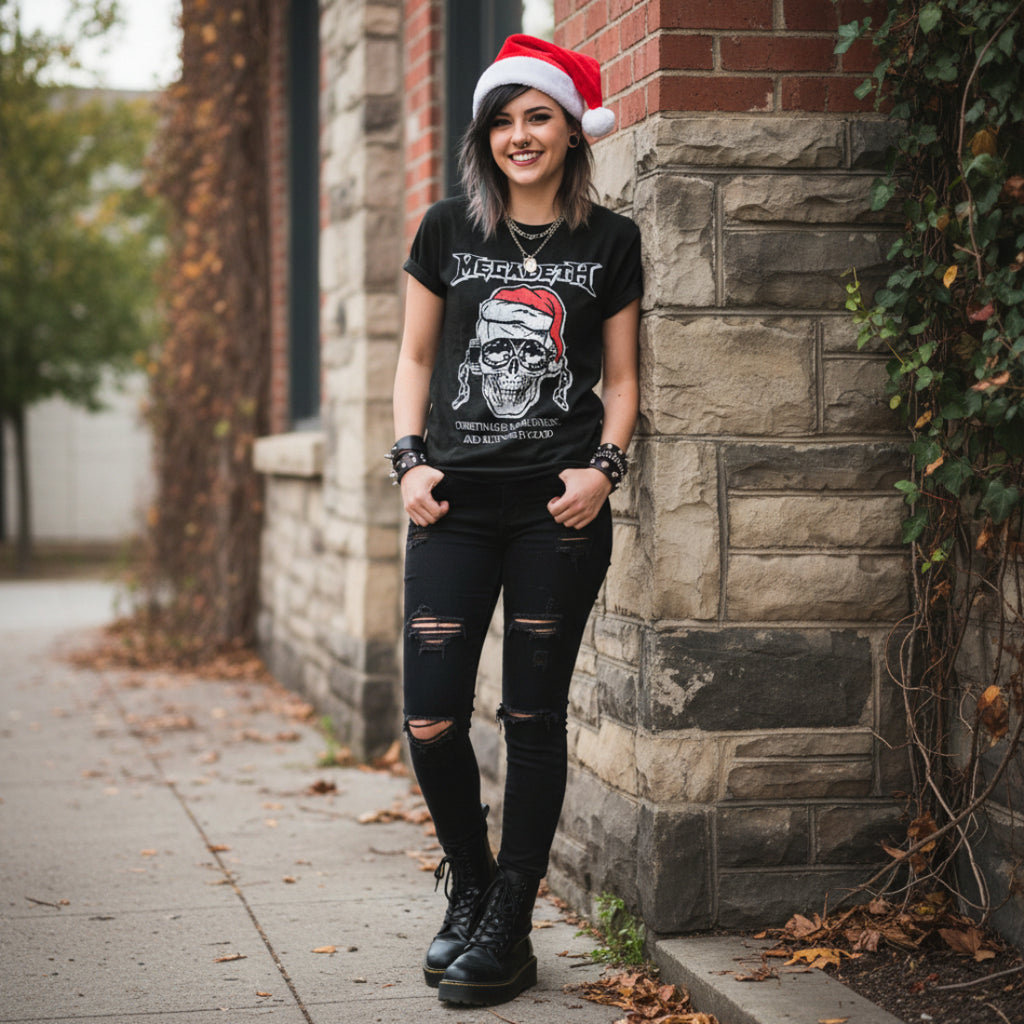 WOMAN WEARING MEGADETH CHRISTMAS IS MY BUSINESS TEE MGD518S, MGD518M, MGD518L, MGD518XL, MGD518XXL, MGD518XXXL, MGD518XXXXL, MGD518XXXXXL