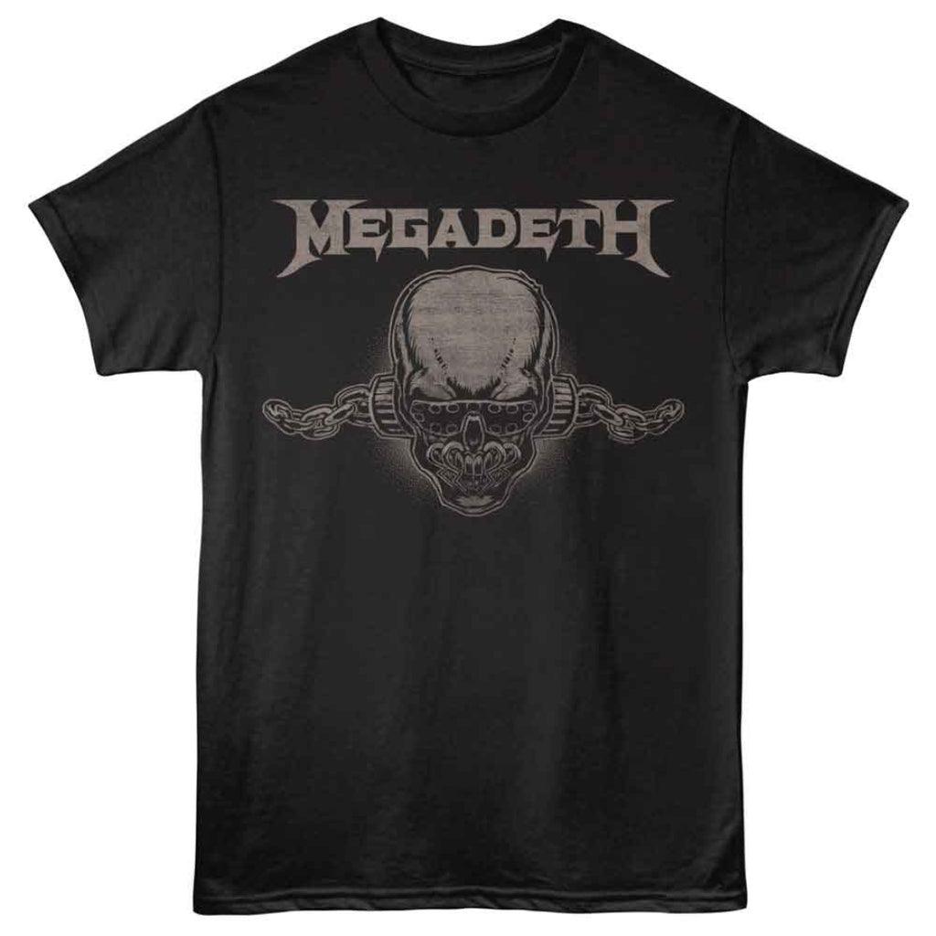 Black t-shirt with Megadeth logo featuring a skull and crossbones on a white background