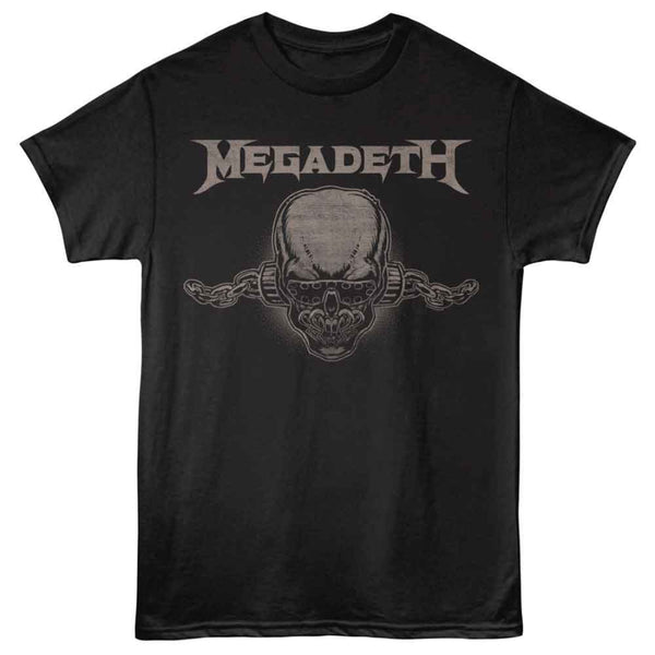 Black t-shirt with Megadeth logo featuring a skull and crossbones on a white background