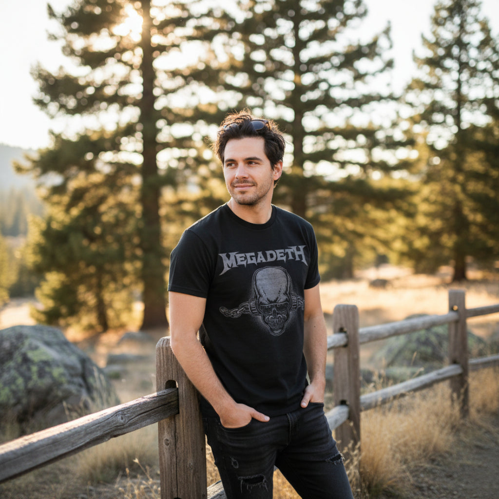 MAN WEARING MEGADETH TEE MGD519S, MGD519M, MGD519L, MGD519XL, MGD519XXL, MGD519XXXL, MGD519XXXXL, MGD519XXXXXL