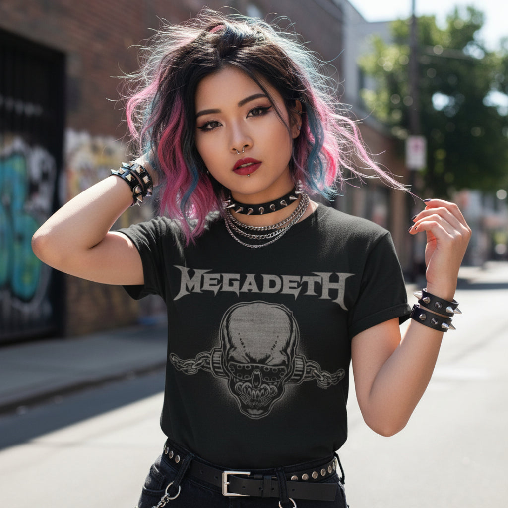 WOMAN WEARING Black t-shirt with Megadeth logo featuring a skull and crossbones MGD519S, MGD519M, MGD519L, MGD519XL, MGD519XXL, MGD519XXXL, MGD519XXXXL, MGD519XXXXXL