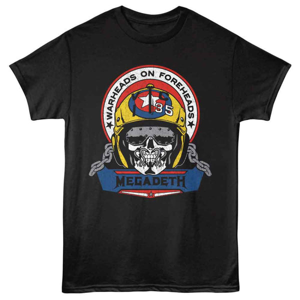 Black t-shirt with Megadeth graphic design featuring a helmeted skull and text.
