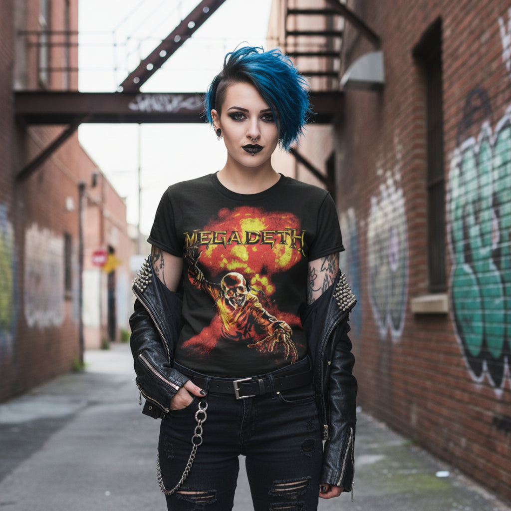WOMAN WEARING Black t-shirt with Megadeth graphic design featuring a skeleton MGD522S, MGD522M, MGD522L, MGD522XL, MGD522XXL, MGD522XXXL, MGD522XXXXL, MGD522XXXXXL