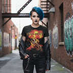 WOMAN WEARING Black t-shirt with Megadeth graphic design featuring a skeleton MGD522S, MGD522M, MGD522L, MGD522XL, MGD522XXL, MGD522XXXL, MGD522XXXXL, MGD522XXXXXL