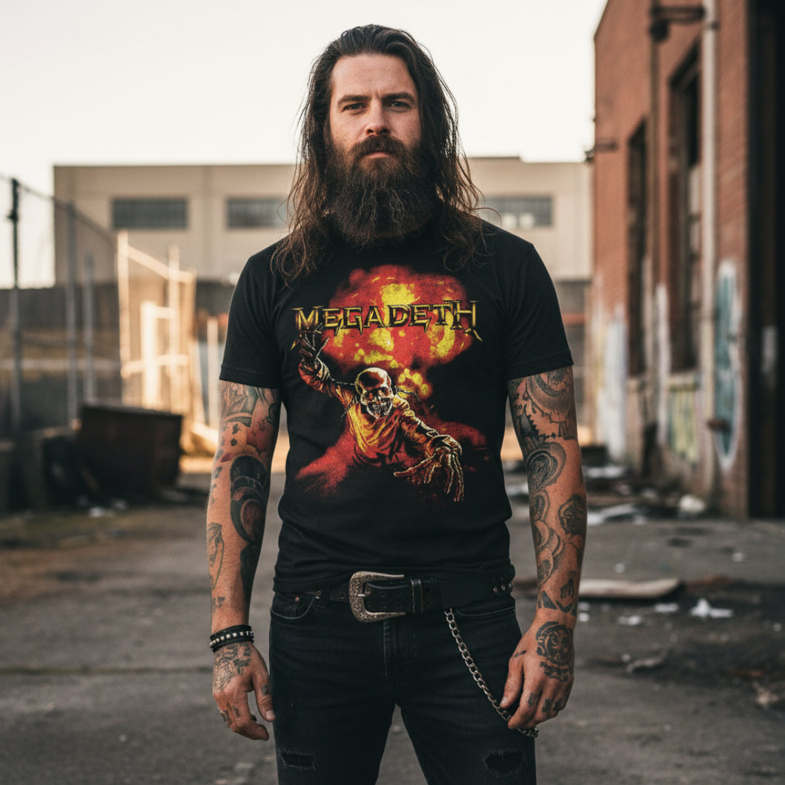 MAN WEARING Black t-shirt with Megadeth graphic design featuring a skeleton holding a guitar. MGD522S, MGD522M, MGD522L, MGD522XL, MGD522XXL, MGD522XXXL, MGD522XXXXL, MGD522XXXXXL