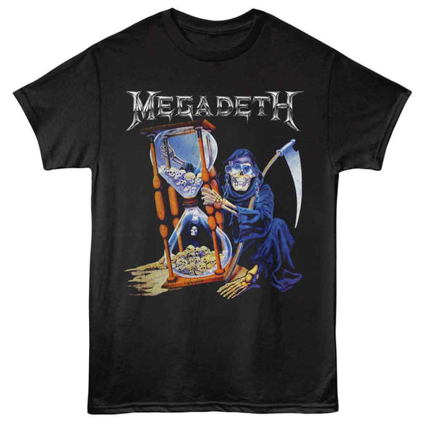 Black t-shirt with Megadeth graphic design featuring a skeleton with a scythe and hourglass.