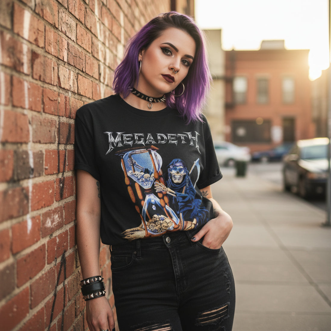 WOMAN WEARING Black t-shirt with Megadeth graphic design featuring a skeleton with a scythe and hourglass. MGD523S, MGD523M, MGD523L, MGD523XL, MGD523XXL, MGD523XXXL, MGD523XXXXL, MGD523XXXXXL